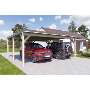 Holzbrüder Doppelcarport Ralf Natur mit zwei parkenden Autos unter dem Carport.