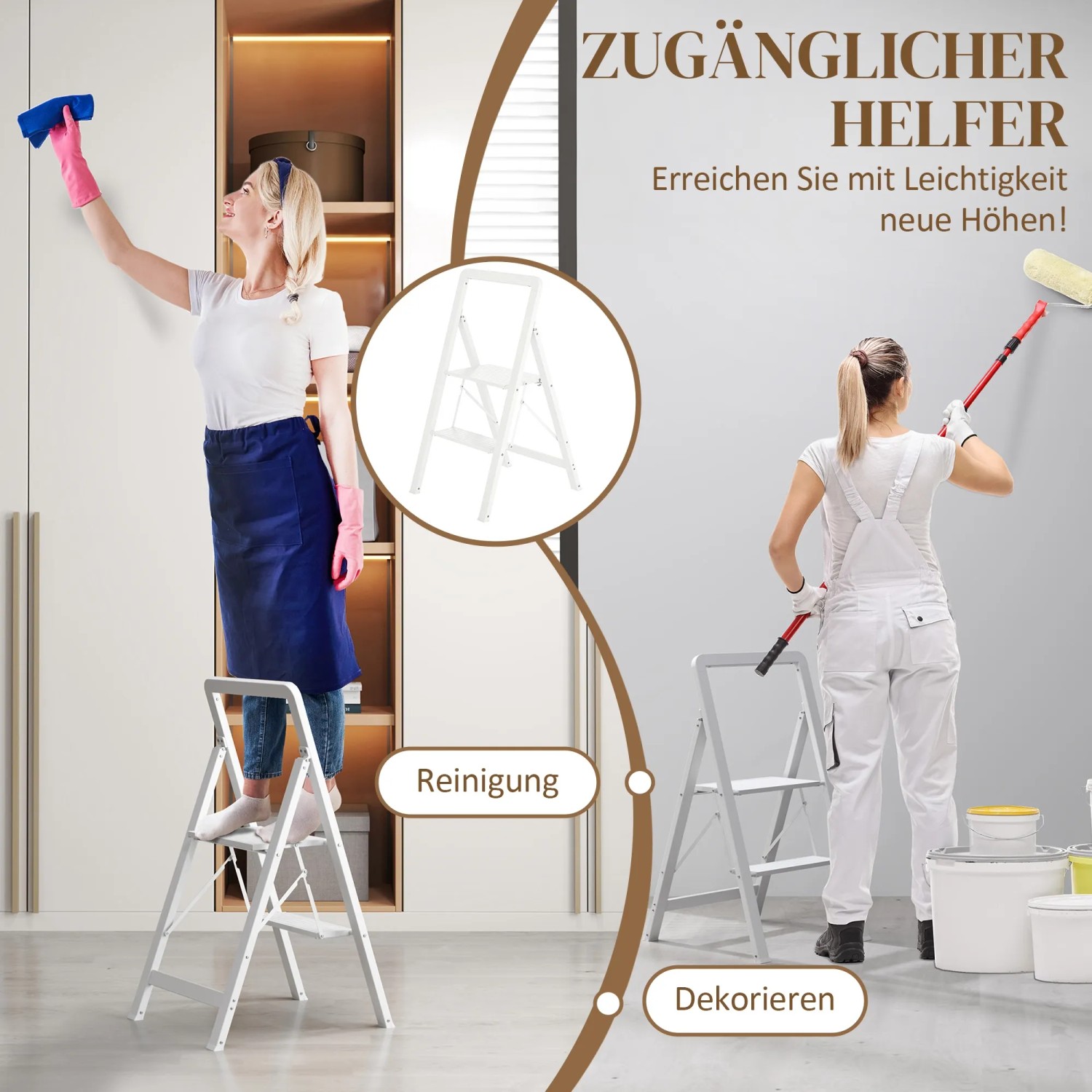 HOMCOM Trittleiter aus Aluminium, weiß, für Reinigungs- und Malerarbeiten im Innenbereich.