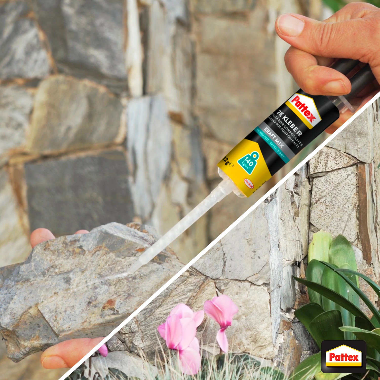 Pattex Kraft-Mix Extrem Fest Kleber (11ml) beim Verkleben von Stein.