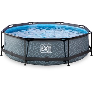 Grauer Exit Stahlrahmenpool Stone, Ø 300 cm, mit Steinoptik und schwarzem Rahmen.