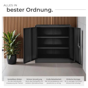 Schwarzer Tectake Aktenschrank aus Stahl mit 2 Flügeltüren und 3 Fächern.