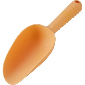 Orangefarbene Kunststoff-Handschaufel mit Skala für Gartenarbeiten.