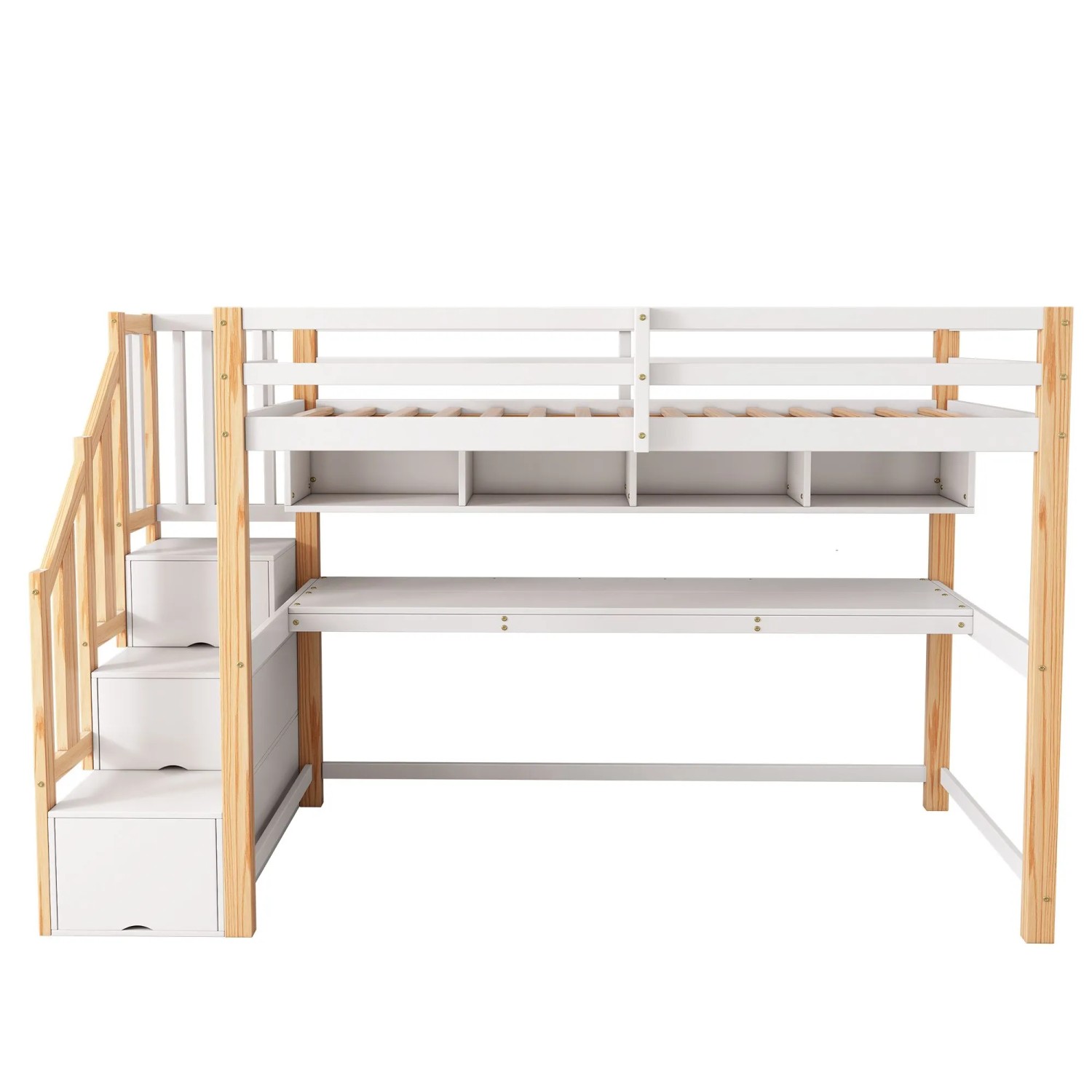 okwish Kinderhochbett 90×200 Einzelbett mit Großen Schreibtisch und Regalen ohne Matratze