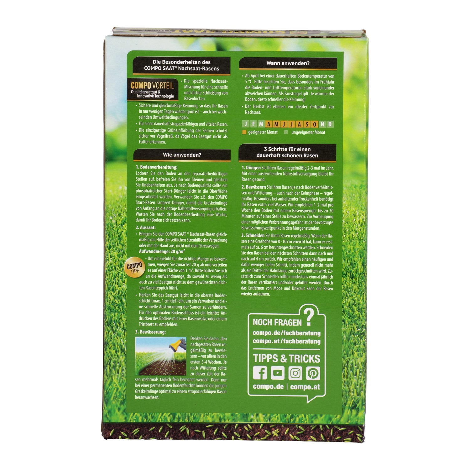 Compo Saat Rasen-Nachsaat 500g: Packung zur Rasenreparatur und -pflege.