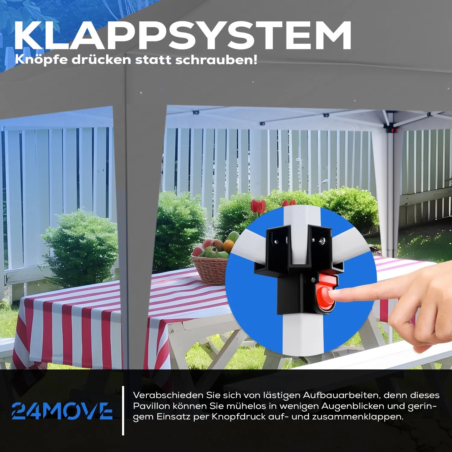 Grauer 24MOVE Pavillon 3x3m mit Klappsystem und UV-Schutz. Einfacher Aufbau per Knopfdruck.