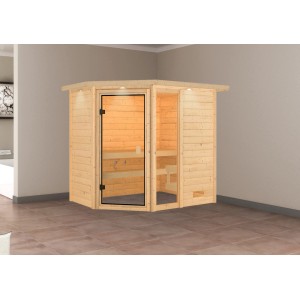 Karibu Massivholzsauna Jada mit LED-Dachkranz und bronzierter Glastür.