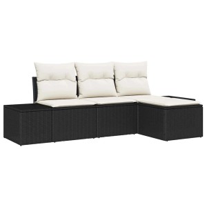 Schwarzes 4-teiliges Garten-Sofa-Set aus Poly Rattan mit cremefarbenen Kissen.