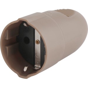 Braune Schutzkontakt-Kupplung aus Kunststoff für den Innenbereich.