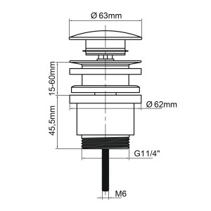 Technische Zeichnung: baliv Push-Ventil PV-3440, Auslaufventil in Weiß Matt mit Maßangaben.