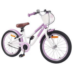 Lila Kinderfahrrad, 18 Zoll, mit Stützrädern und Korb, geeignet für Kinder von 5-7 Jahren.