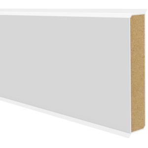 Weiße Sockelleiste Cubu flex life 60, 13x60x2500 mm, für Bodenbeläge, mit weichen Dichtlippen.