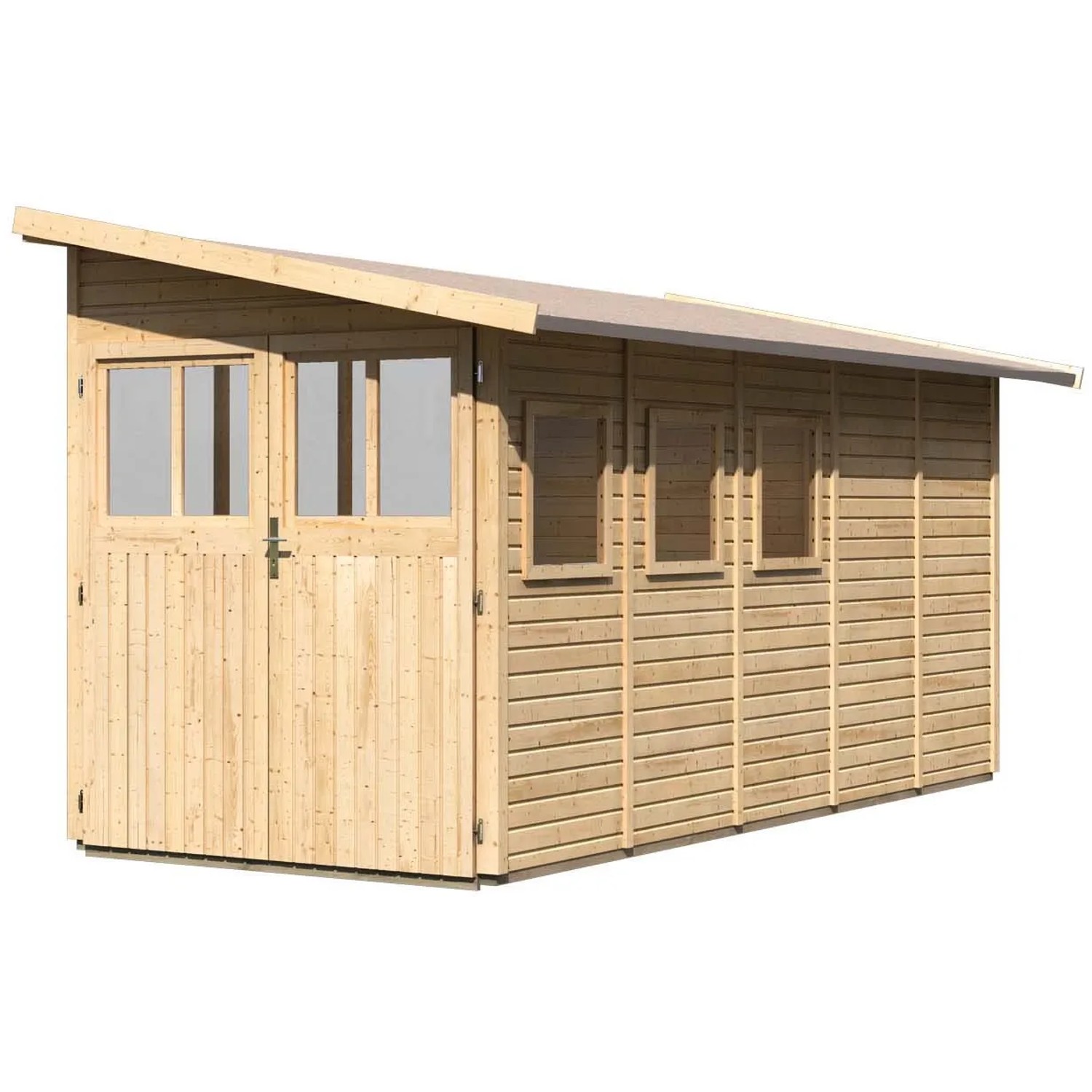 Unbehandeltes Karibu Holz-Gartenhaus Kristiansund mit Pultdach, 178x439 cm.
