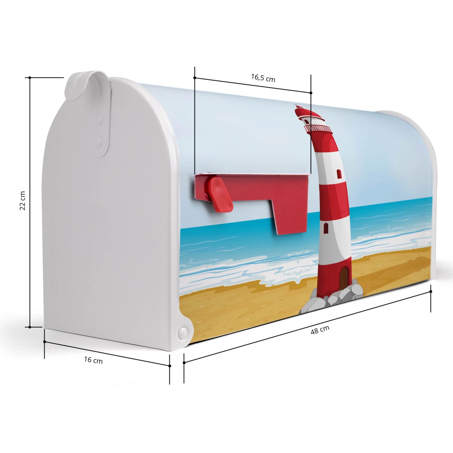 Weißer US Briefkasten mit Leuchtturm Motiv, Stahl pulverbeschichtet, 48x22x16cm.