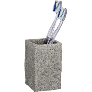 Wenko Bad-Set Granit, 2-teilig, grau: Seifenspender und Zahnputzbecher in Granit-Optik mit Zahnbürsten.