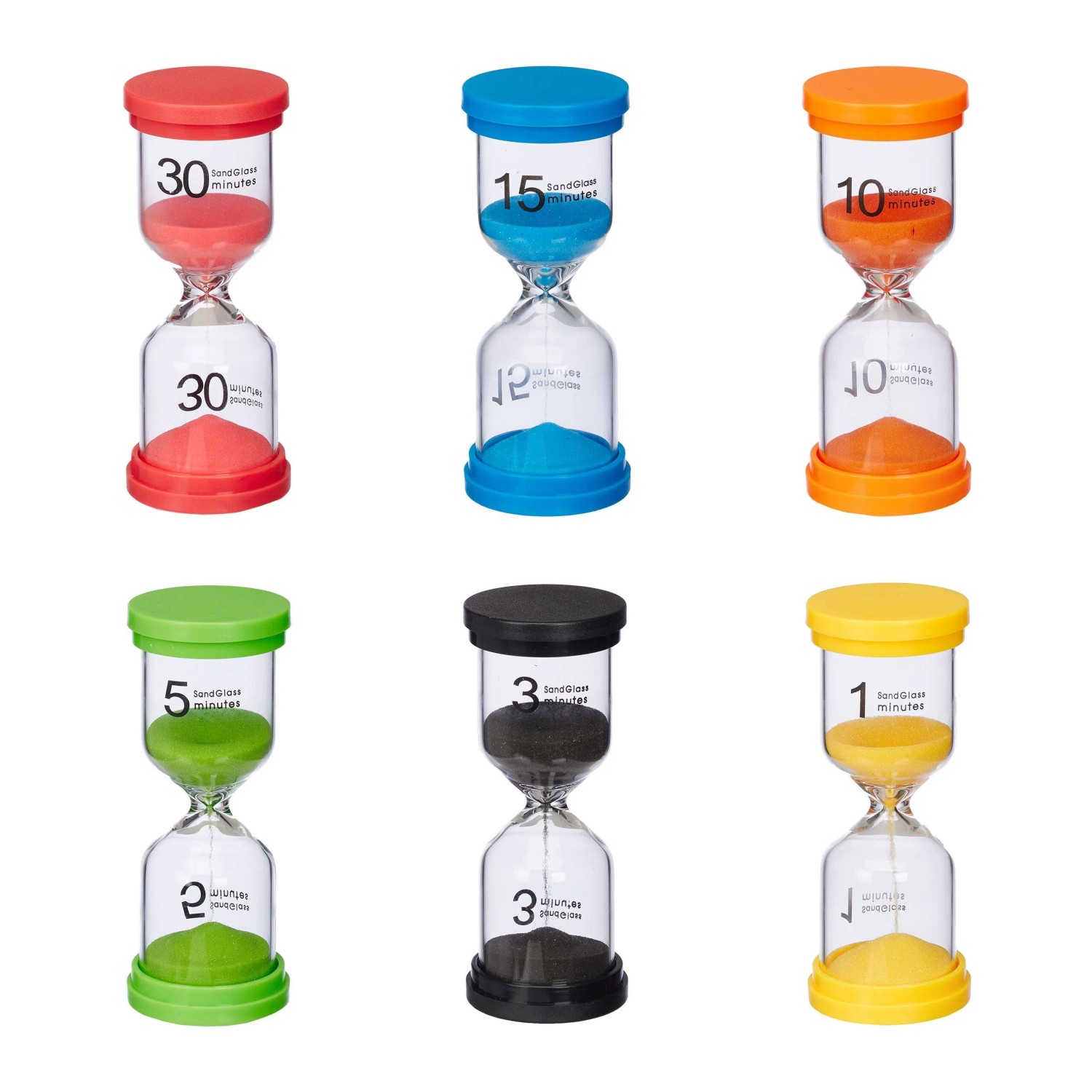 Relaxdays Sanduhren 6er Set Kunststoff Glas Mehrfarbig für Kinder 1 Minute bis 30 Minuten 11 cm x 4,5 cm 0,08 kg