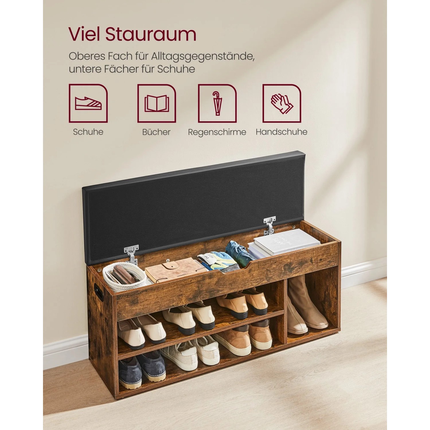 Vasagle Schuhbank in Vintagebraun mit Sitzfläche, Stauraum und offenen Regalen für Schuhe.