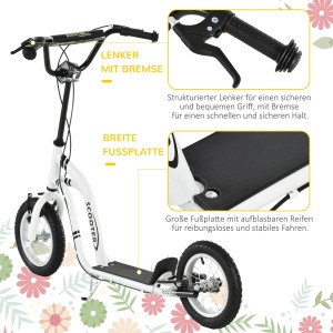 Weißer HOMCOM Kinderroller mit Luftreifen und Bremse.