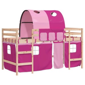 Rosa Kinderhochbett mit Tunnel aus Kiefernholz, inklusive Vorhängen und Leiter.
