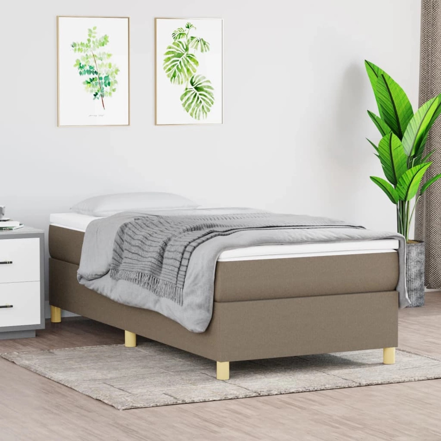 vidaXL Boxspringbett, taupefarbener Stoff, 90x190 cm. Bett mit Lattenrost und Füßen.
