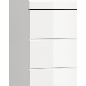 Weißer Hochglanz Bad Standschrank, 74x88x31 cm, mit drei Schubladen.