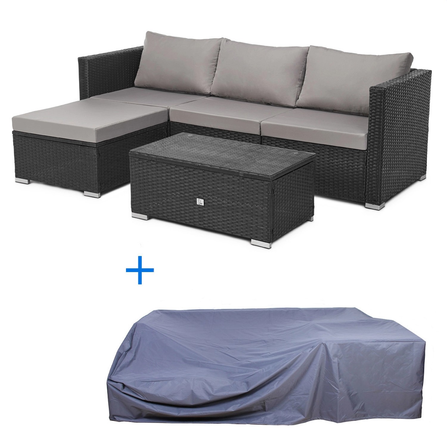 Svita Queens Polyrattan Lounge Rattan Sofa Set in Schwarz inkl. Abdeckhaube