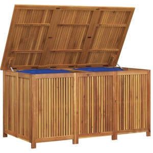 Geöffnete VidaXL Gartenbox aus Akazienholz, 150x80x75 cm, für Gartenmöbel-Kissen und Gartenzubehör.