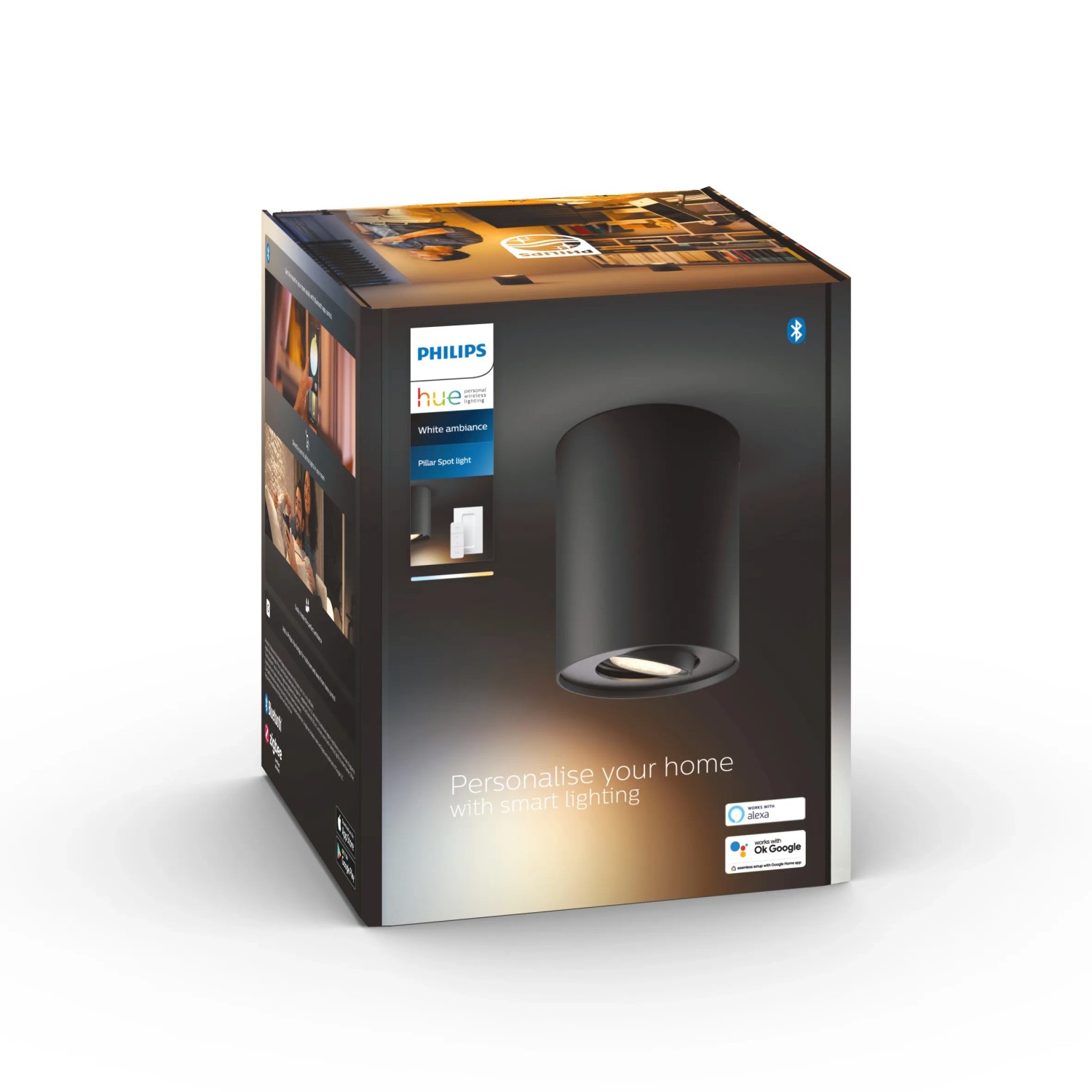 Verpackung des schwarzen Philips Hue Pillar LED-Aufbauspots White Ambiance.