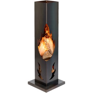 Schwarze Wilk Feuersäule Flamme aus Stahl, 119 cm hoch, mit Flammenmuster und brennendem Holz.