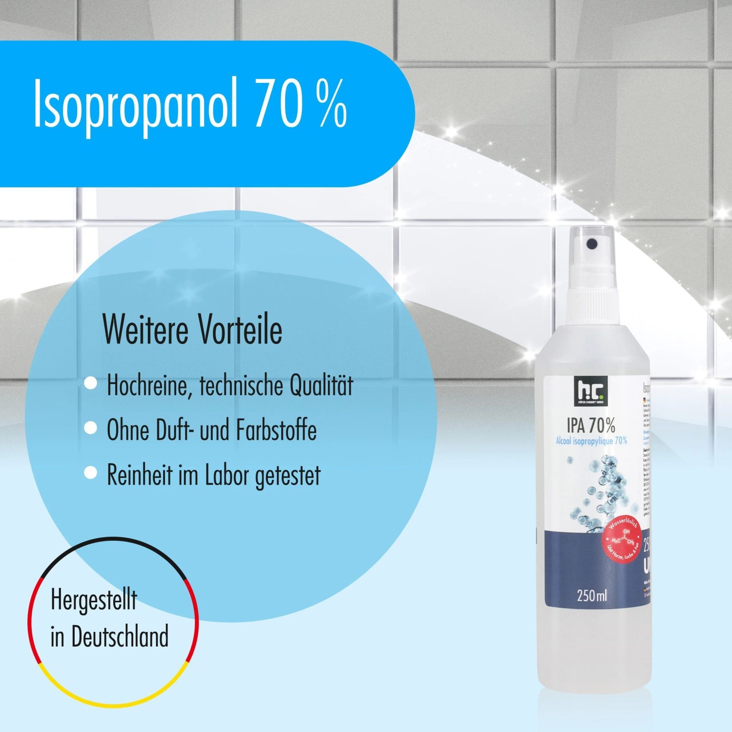 Höfer Chemie Isopropanol 70% im 1l Sprühflasche, geeignet zur Reinigung und Entfettung.