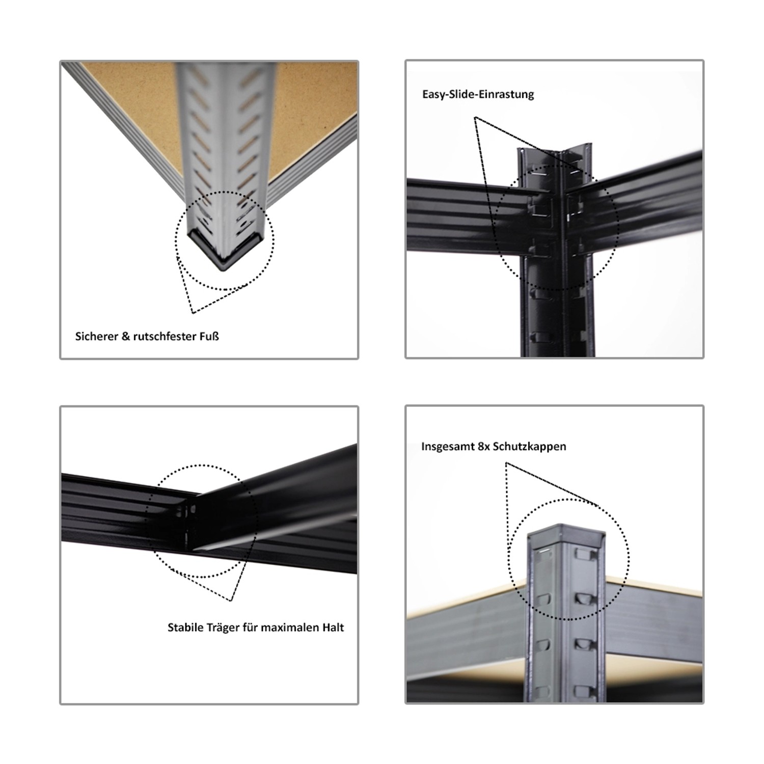Details des schwarzen PROREGAL Schwerlastregals Taurus: Fuß, Easy-Slide, Träger, Schutzkappen.