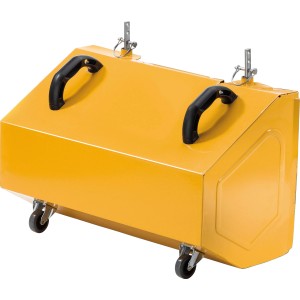 Gelbe Stiga Fangbox für Kehrmaschinen mit Rädern und Griffen.