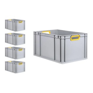 PROREGAL Spar Set: 5 graue Euroboxen mit gelben Griffen, 65 Liter, verstärkter Boden. Ideal zur Aufbewahrung.