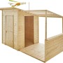 Soulet Kinderspielhaus Santa Barbara mit Anbau, aus Holz, mit Tür und Fenster.