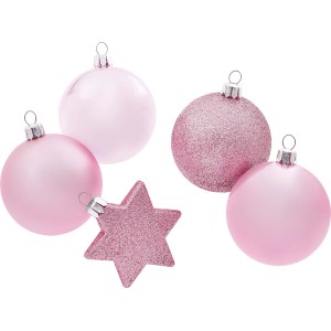 Baumschmuck-Set, 5-teilig, pink: Christbaumkugeln und Stern mit Glitzer, matt und glänzend.