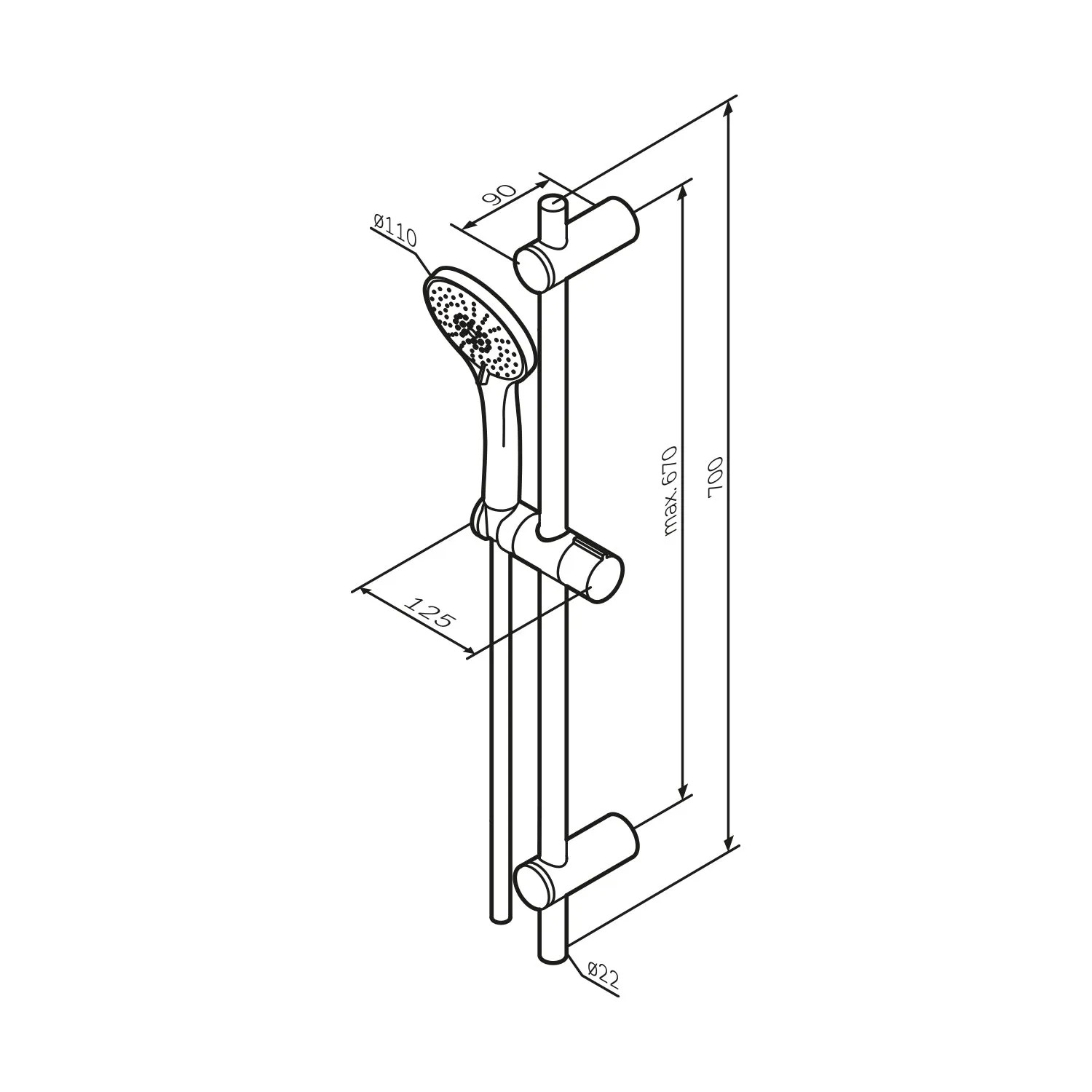 Technische Zeichnung AM.PM Duschset Hit, Brausegarnitur mit Handbrause, Maße in mm.