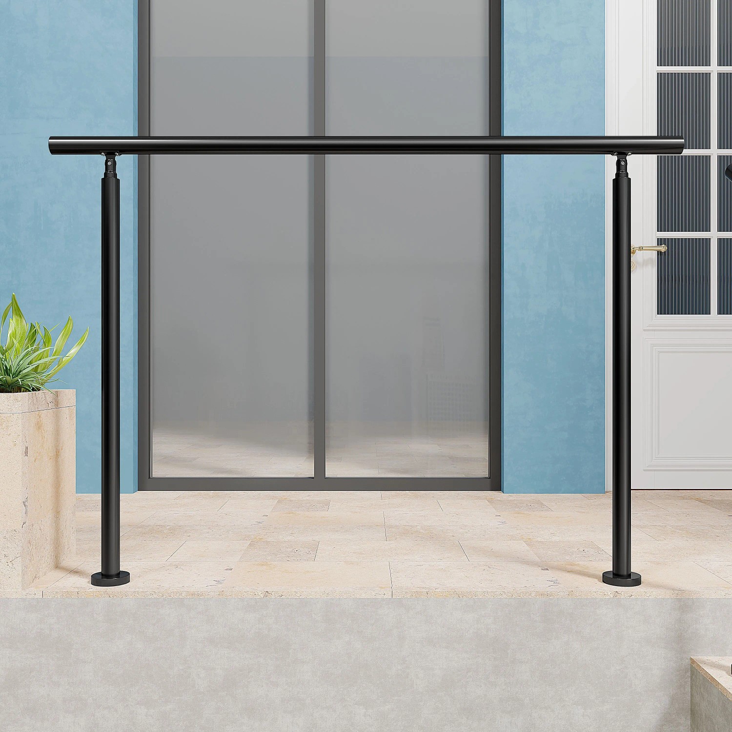 Schwarzes Edelstahlgeländer 150 cm mit zwei Pfosten und Handlauf, ideal für Treppen & Außenbereich auf Terrasse.