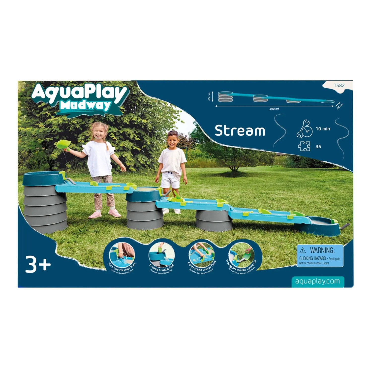 AquaPlay Matschbahn Mudway Stream mit Kindern im Garten. Wasserspielzeug für kreatives Spielen mit Wasser und Sand.