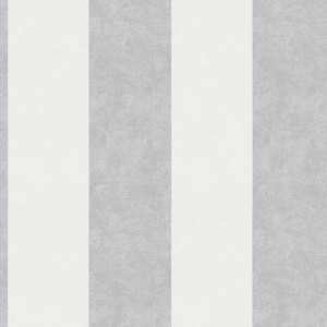 Gestreifte Vliestapete in Grau und Weiß mit Blockstreifen-Muster für Wohn- und Esszimmer.