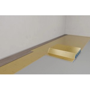 Goldene Selitbloc Klickvinylunterlage Pro+ 1,5 mm mit Feuchteschutz auf grauem Boden, Vinylboden-Verlegung.