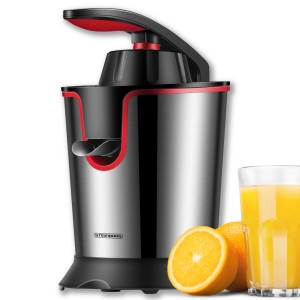 Steinborg Zitruspresse SB-7050 aus Edelstahl mit 300 Watt Leistung und Glas Orangensaft.