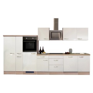 Moderne OBI Küchenzeile Valero 360 cm in Hochglanz Weiß mit Holzoptik Arbeitsplatte und Elektrogeräten.