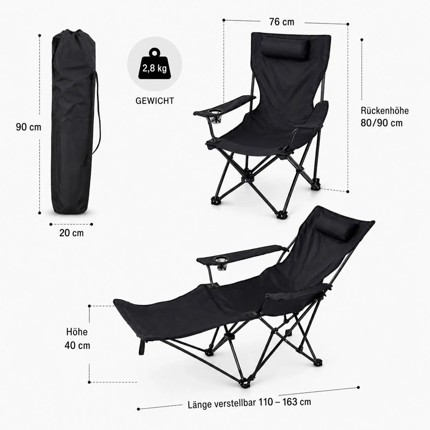 BigDean Verstellbarer Campingstuhl mit Fußablage Campingstuhl Faltbar Outdoor Relaxsessel mit Hoher Rückenlehne Getränkehalter & Tragetasche_3