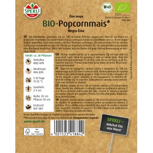 Sperli Bio Popkornmais Samen, Sorte Negro Cine. Saatgut für farbige Maiskolben.