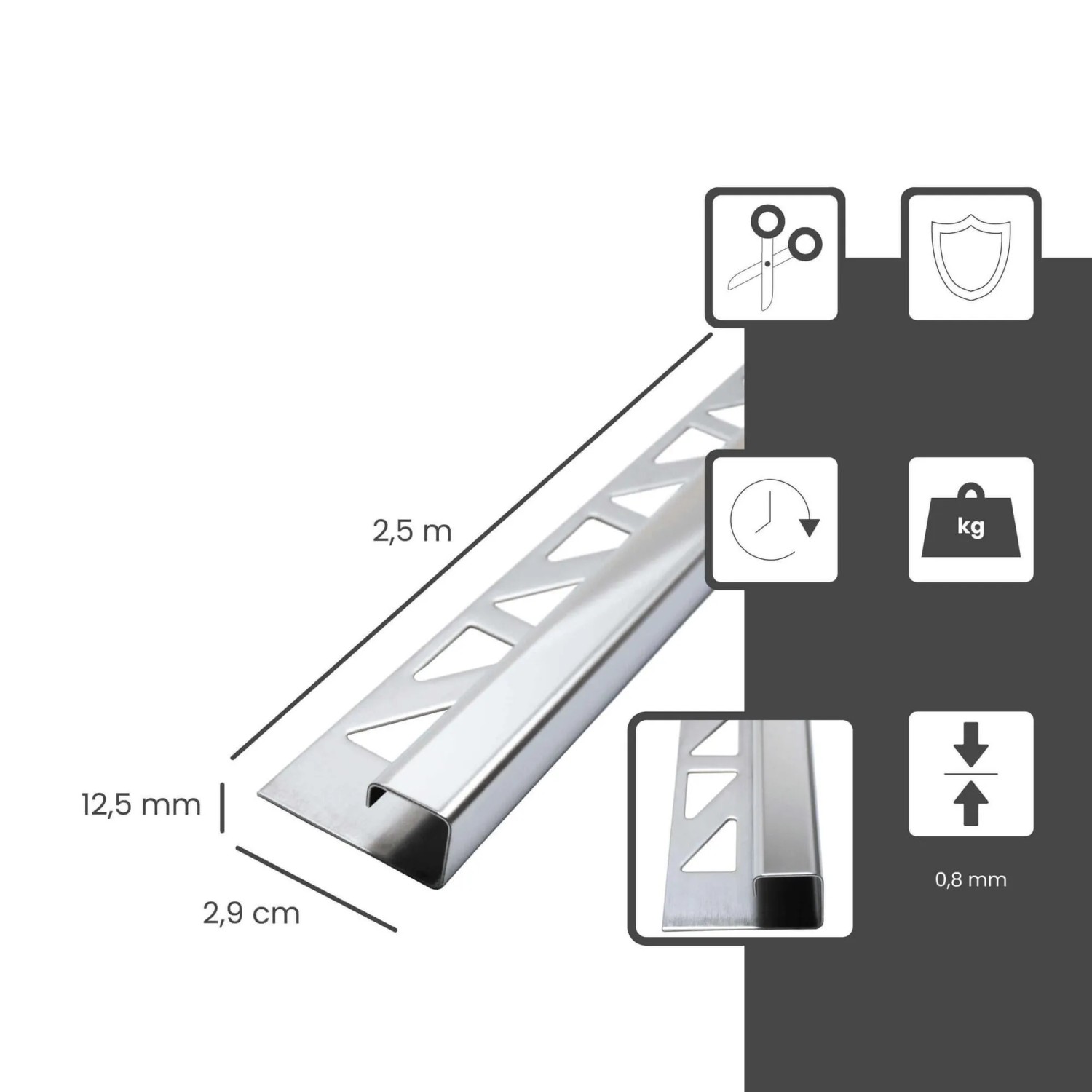 Poliertes Edelstahl-Eckprofil: Dalsys Fliesenschiene, 2,5 m x 12,5 mm, Quadratprofil.