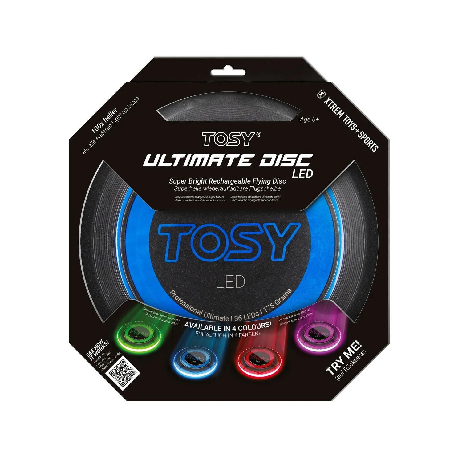 Xtrem Tosy Ultimate Disc LED Blau im Karton, leuchtende Frisbee für Spiel & Spaß.