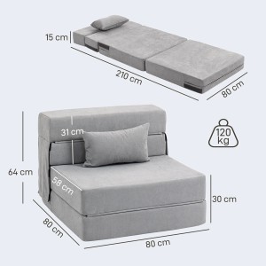 Hellgrauer 3-in-1 Schlafsessel/Schlafsofa von HOMCOM, als Sessel und als Bett mit Kissen dargestellt.