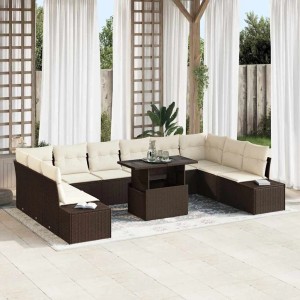 Braunes 11-teiliges vidaXL Garten-Sofa-Set aus Rattan mit Stauraum und Tisch.