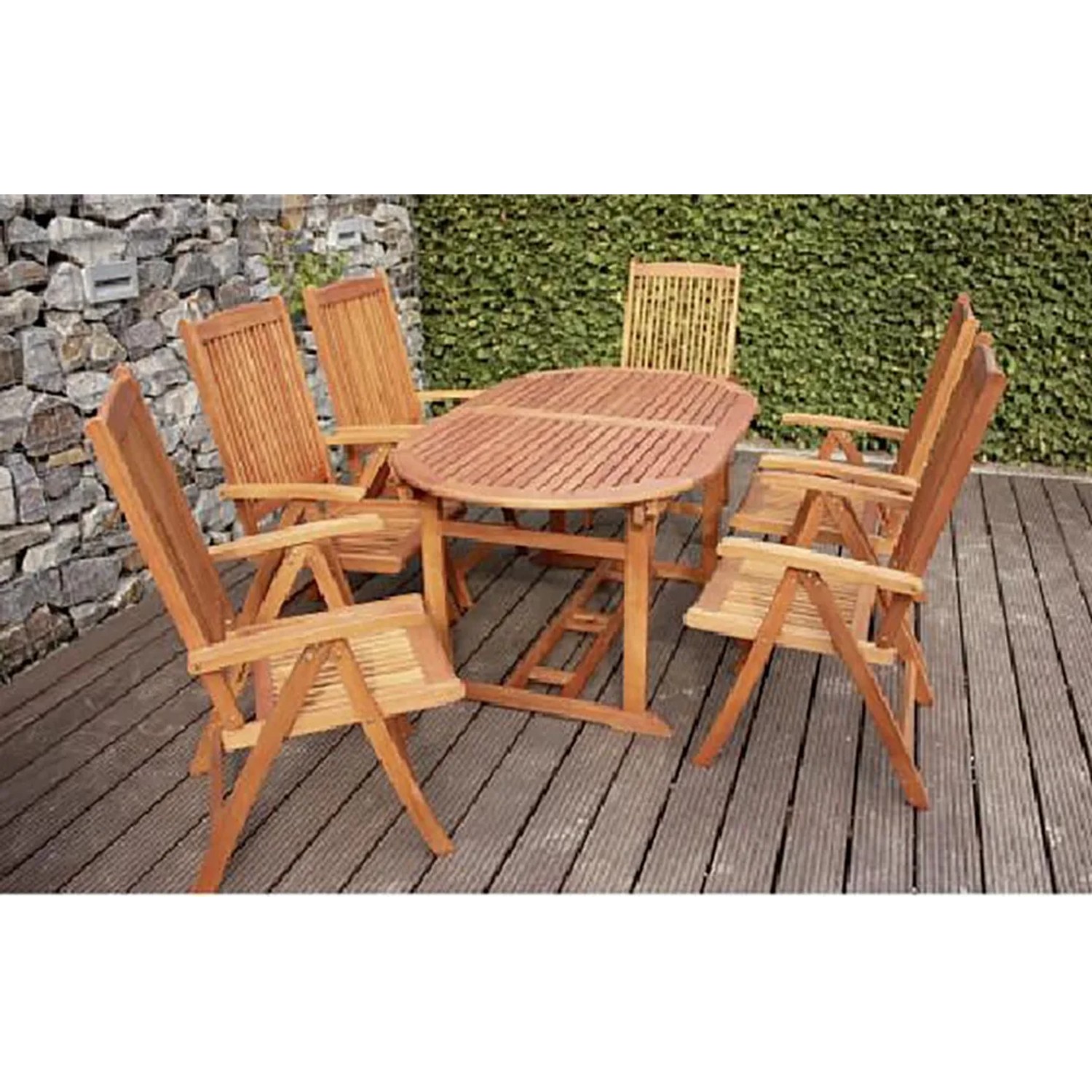 7-teilige Gartenmöbel-Gruppe Stockholm aus Eukalyptusholz mit Ausziehtisch und klappbaren Hochlehnern.