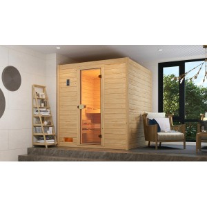 Weka Massivholzsauna Valida 3 Sparset mit Glastür und 7,5 kW Ofen in naturbelassenem Fichtenholz.