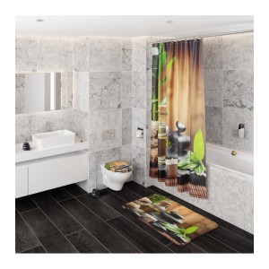 Badezimmer mit Sanilo Badewannenstöpsel Spa Design, passend zu Duschvorhang und Badematte.